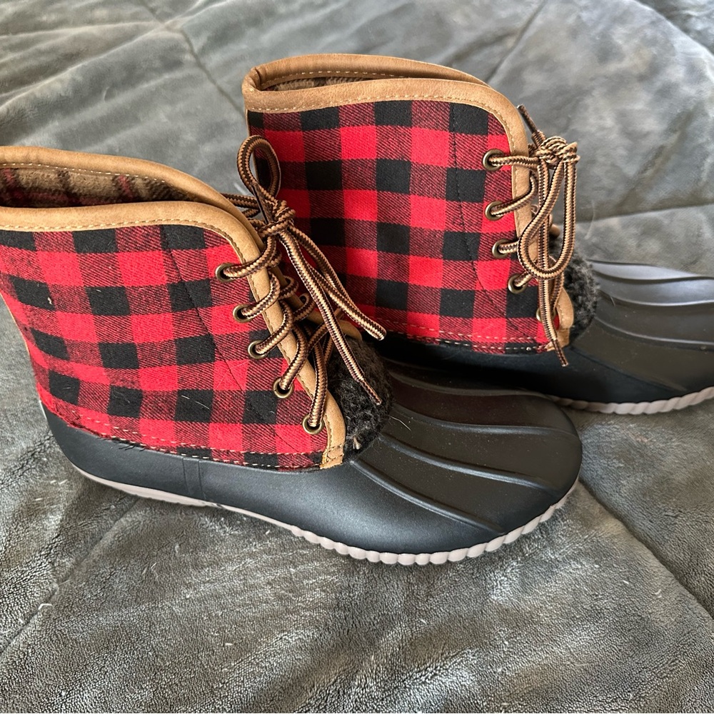 Red and Black Plaid Duck Boots
